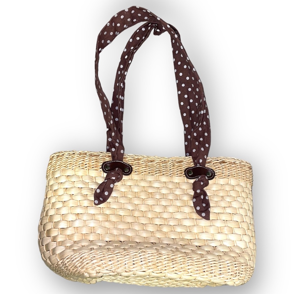 Capelli Brand Woven Straw and Cotton Handbag with Fabric Handles